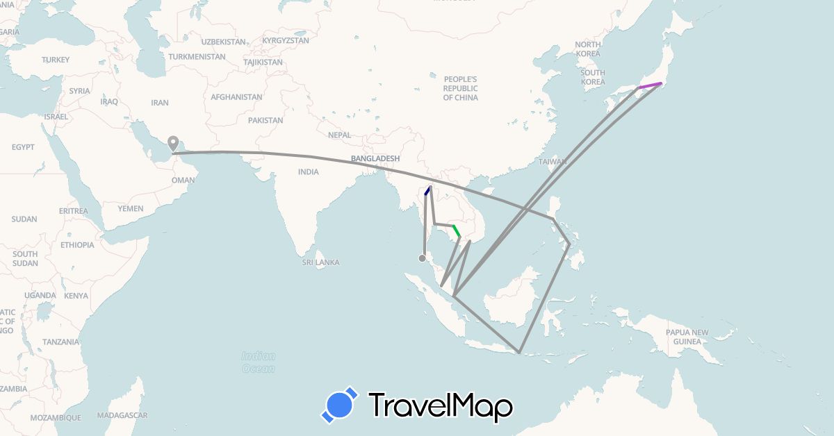 TravelMap itinerary: driving, bus, plane, train in United Arab Emirates, Indonesia, Japan, Cambodia, Malaysia, Philippines, Singapore, Thailand, Vietnam (Asia)